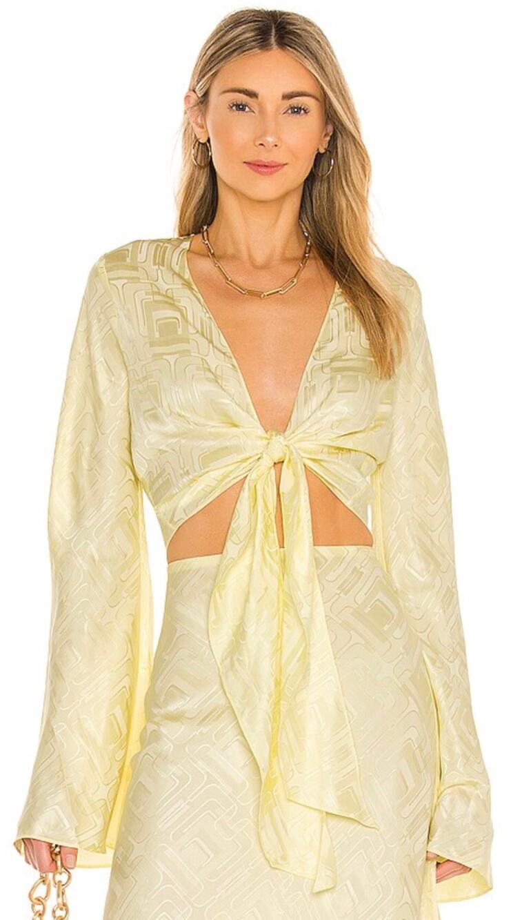 Ronny Kobo "Yvette" Top Pale Yellow Silk Jacquard Tie Front Long Sleeve Small